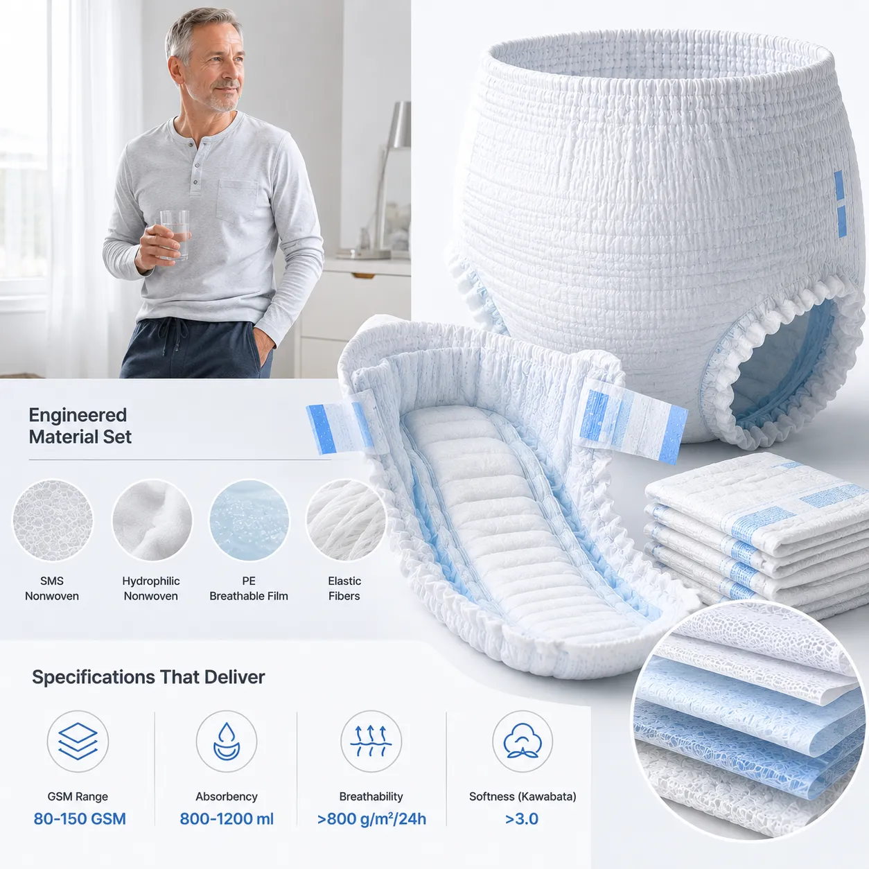 Adult incontinence raw materials and technical specifications for pull-up diaper manufacturing