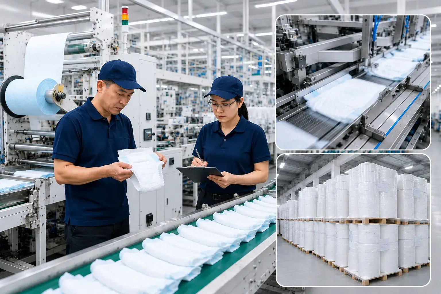 Mass production of baby diapers with automated quality control on hygiene manufacturing linesn
