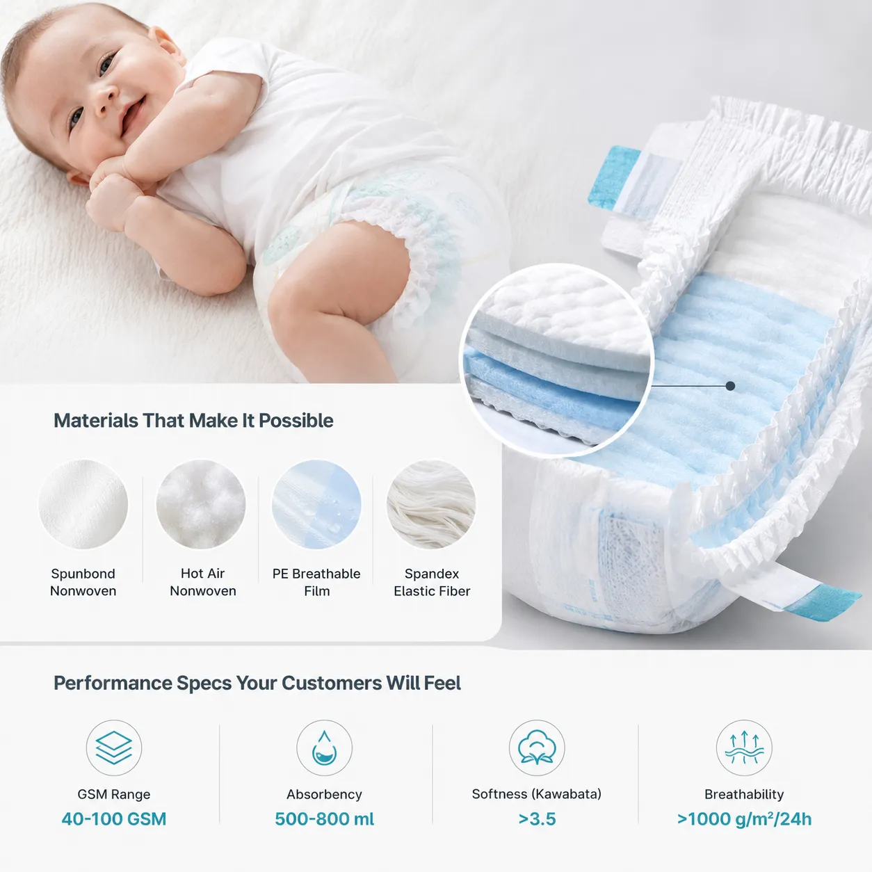 Baby diaper raw materials and technical specifications including nonwoven fabric and breathable film