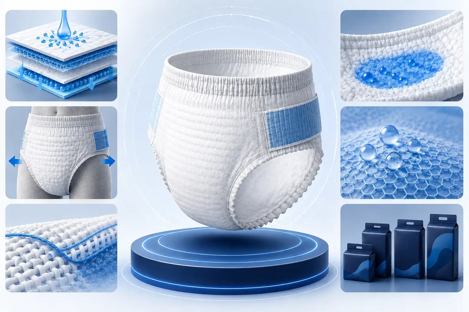Custom adult care products: incontinence pull-ups with absorbency and odor control technology