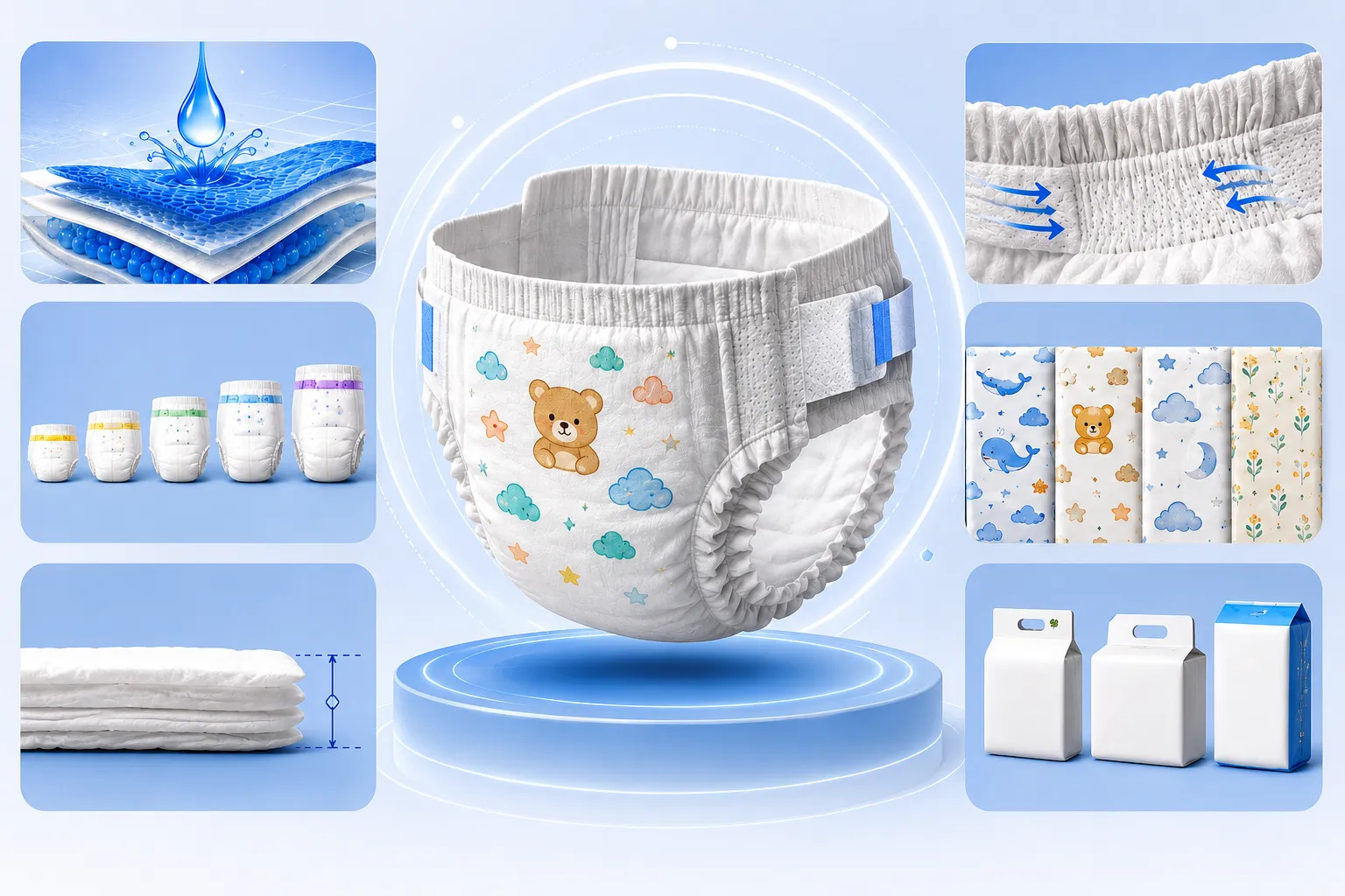 Custom baby diapers manufacturing: OEM/ODM solutions with customizable absorbency, sizes, and prints
