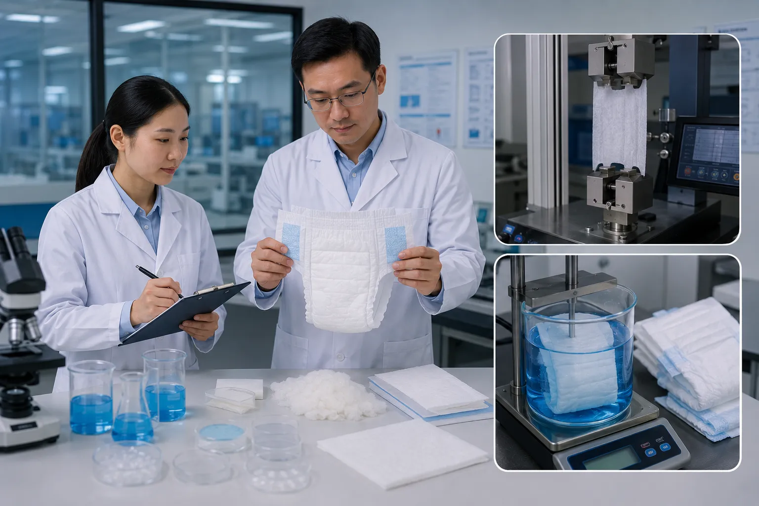 Diaper prototype production and quality performance testing in hygiene R&D laboratory