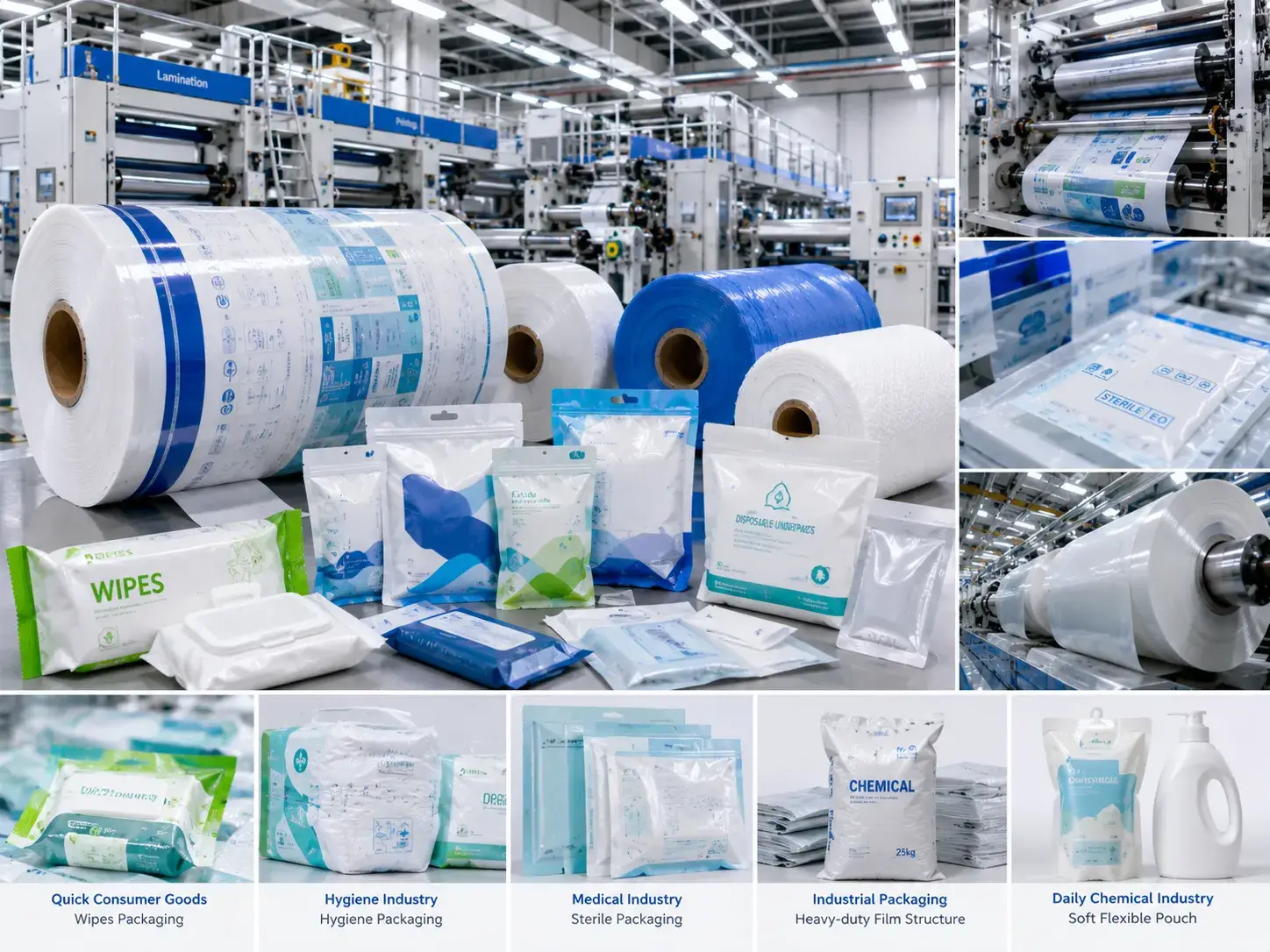 Flexible packaging materials: spunbond and printed film for hygiene, medical and industrial packaging