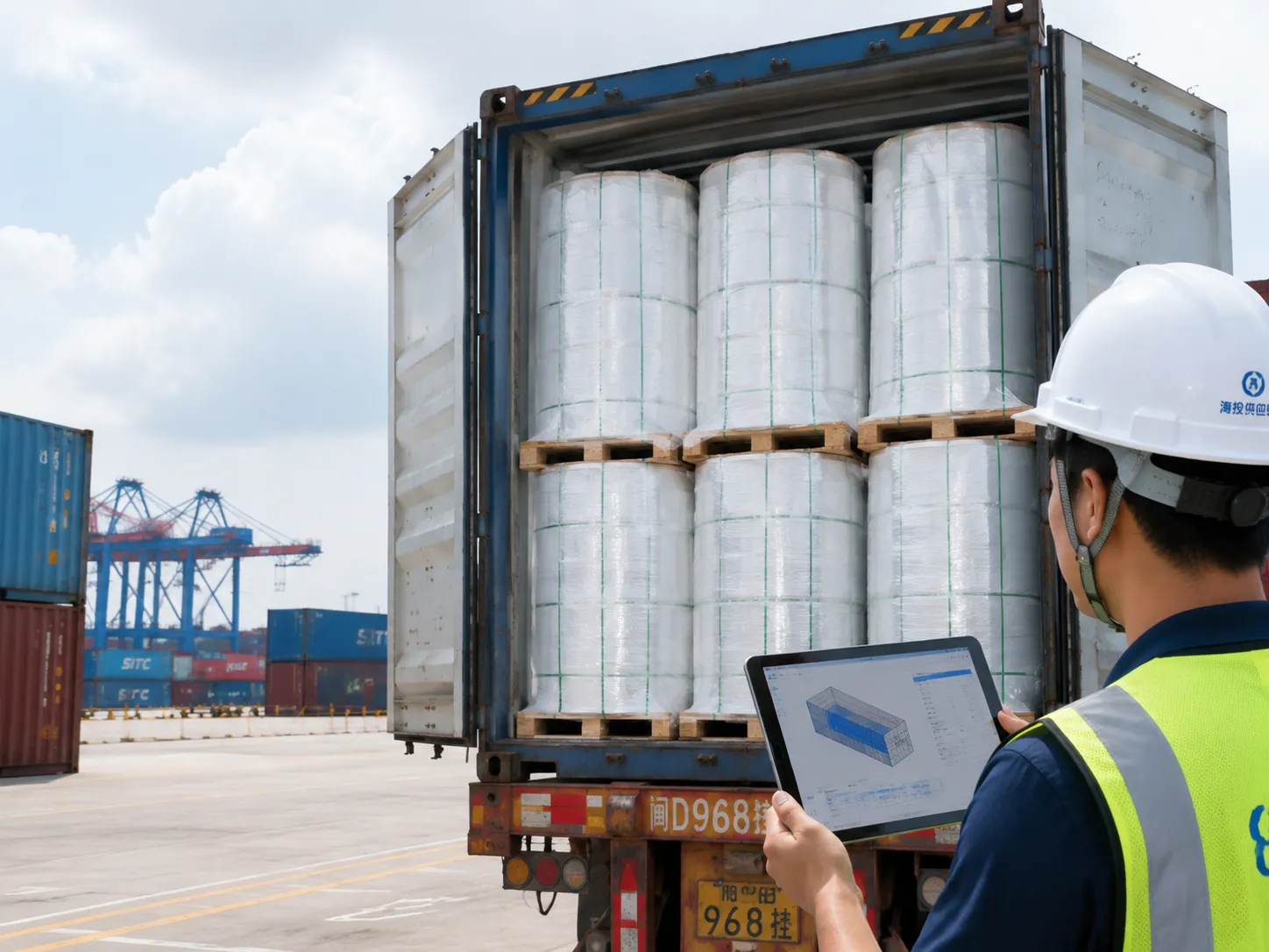 FOB Xiamen logistics for hygiene raw materials showing optimized 40HQ container loading plan for maximum freight efficiency.