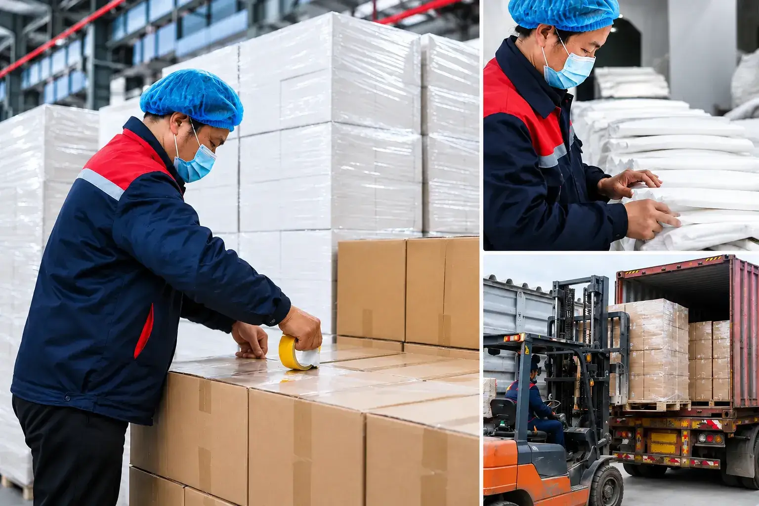 Final packaging and QA inspection for hygiene raw material export shipment
