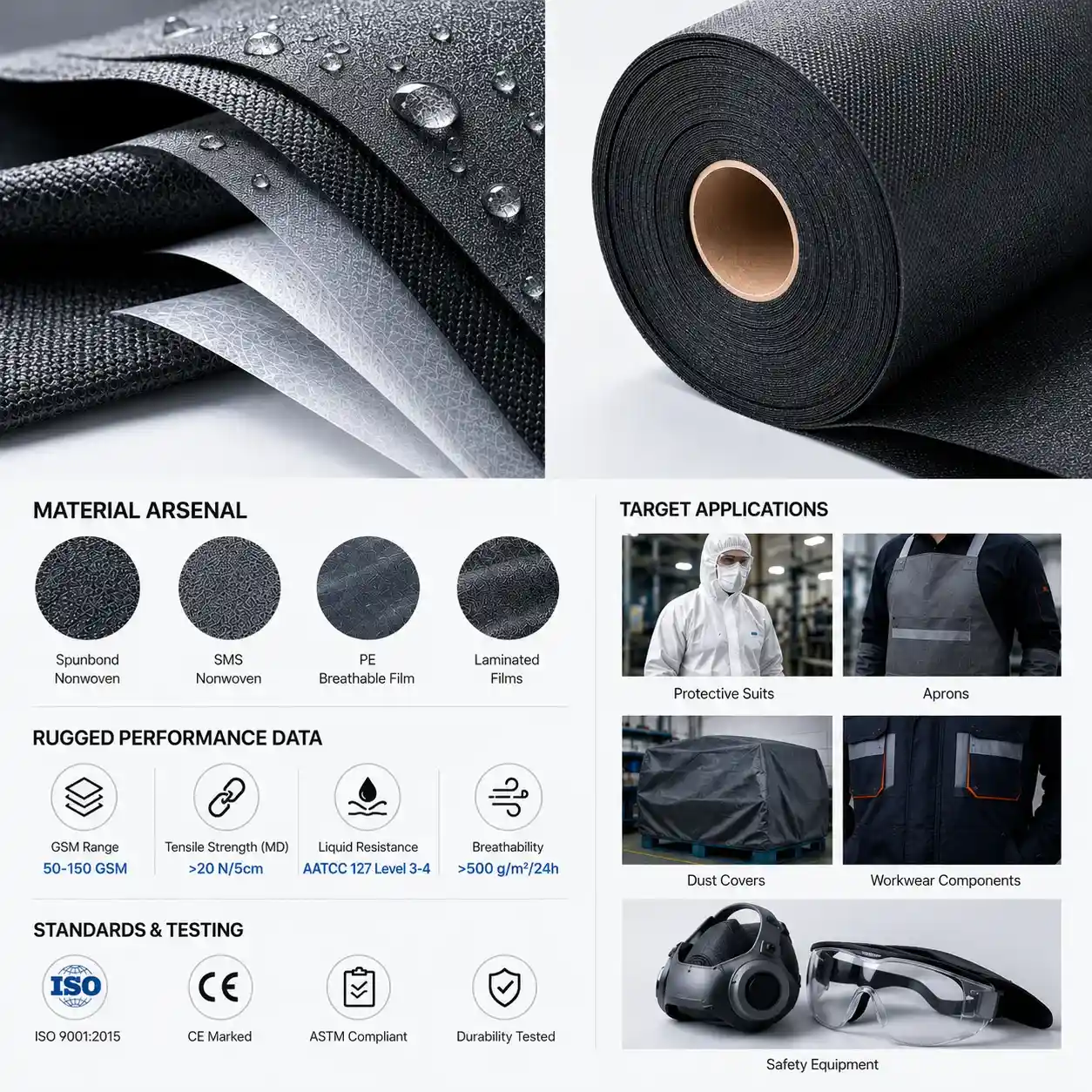 Industrial protective nonwoven fabrics and laminated films for PPE and workwear manufacturing