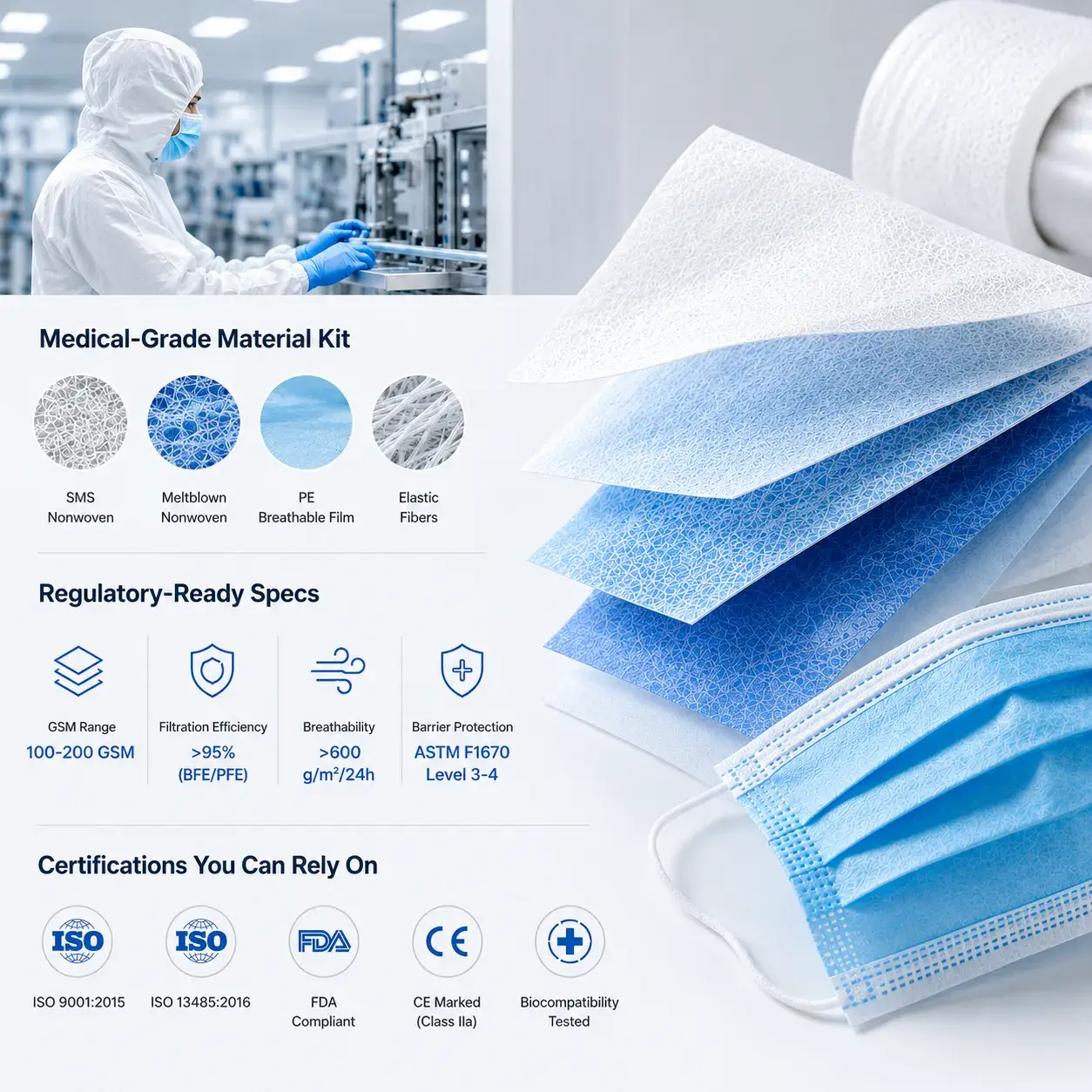 Medical-grade nonwoven fabric with SMS meltblown and FDA CE certifications for mask manufacturing 