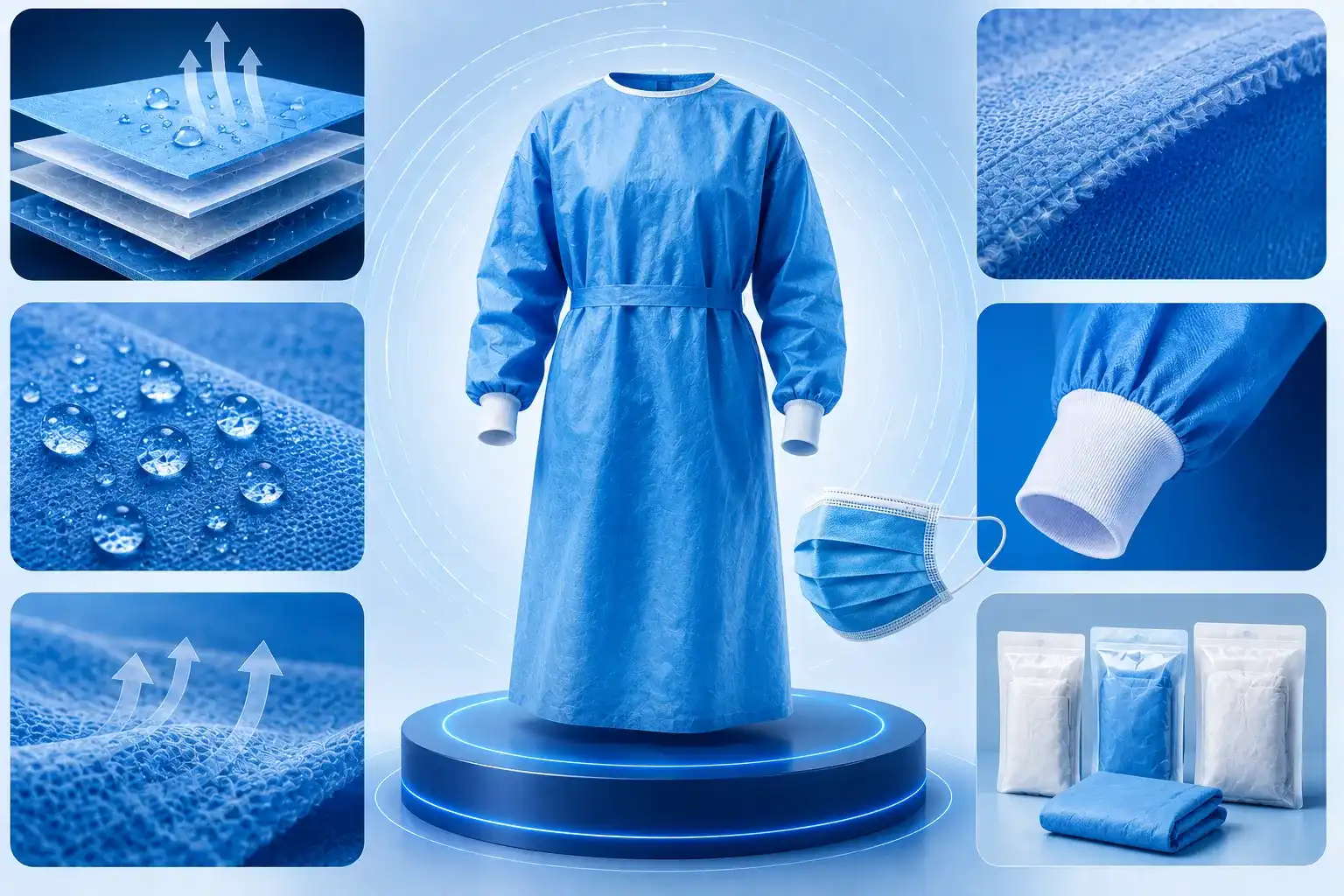 Medical protection materials with fluid resistant and breathable nonwoven for sterile surgical gowns
