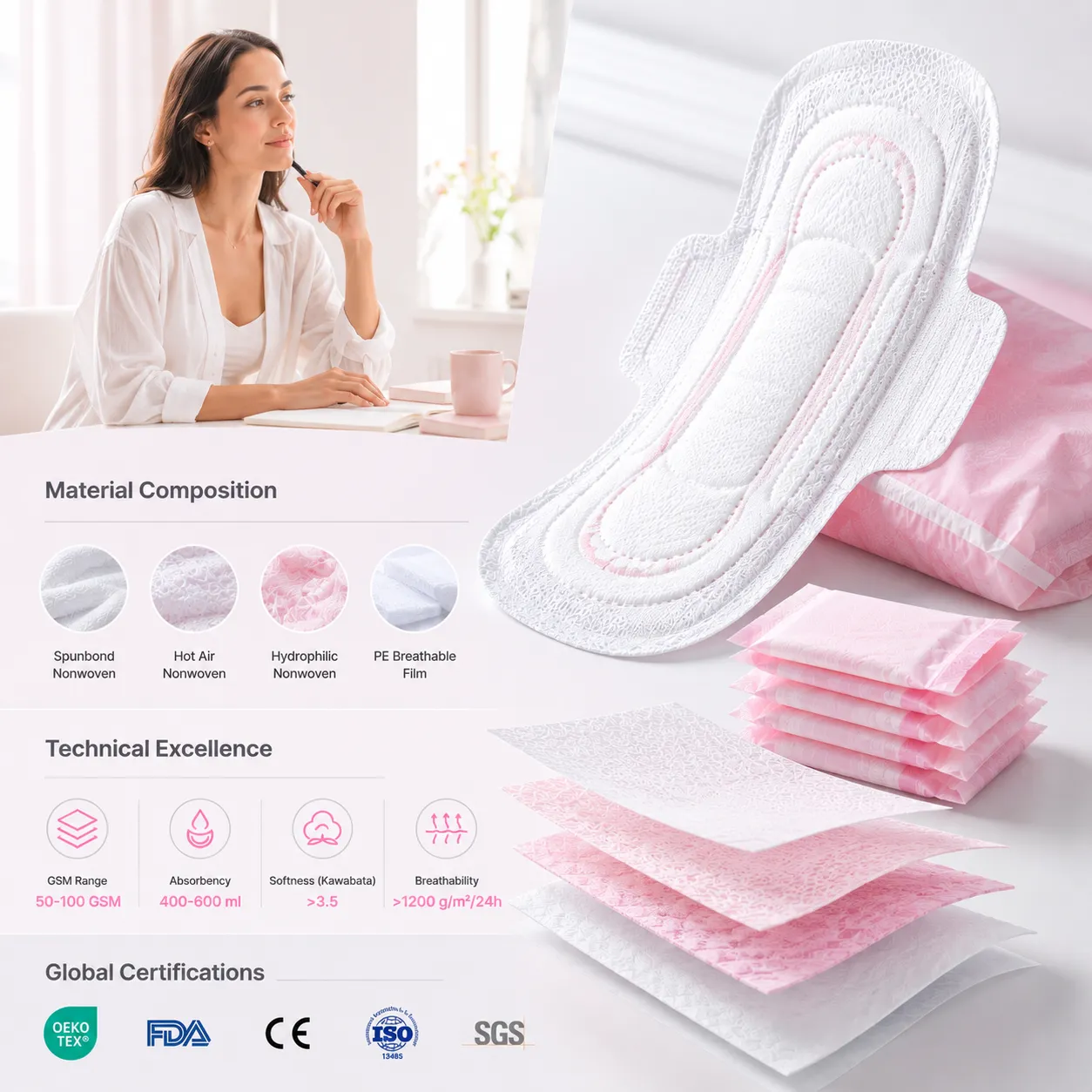 Sanitary pad raw materials and technical specifications for feminine care manufacturing