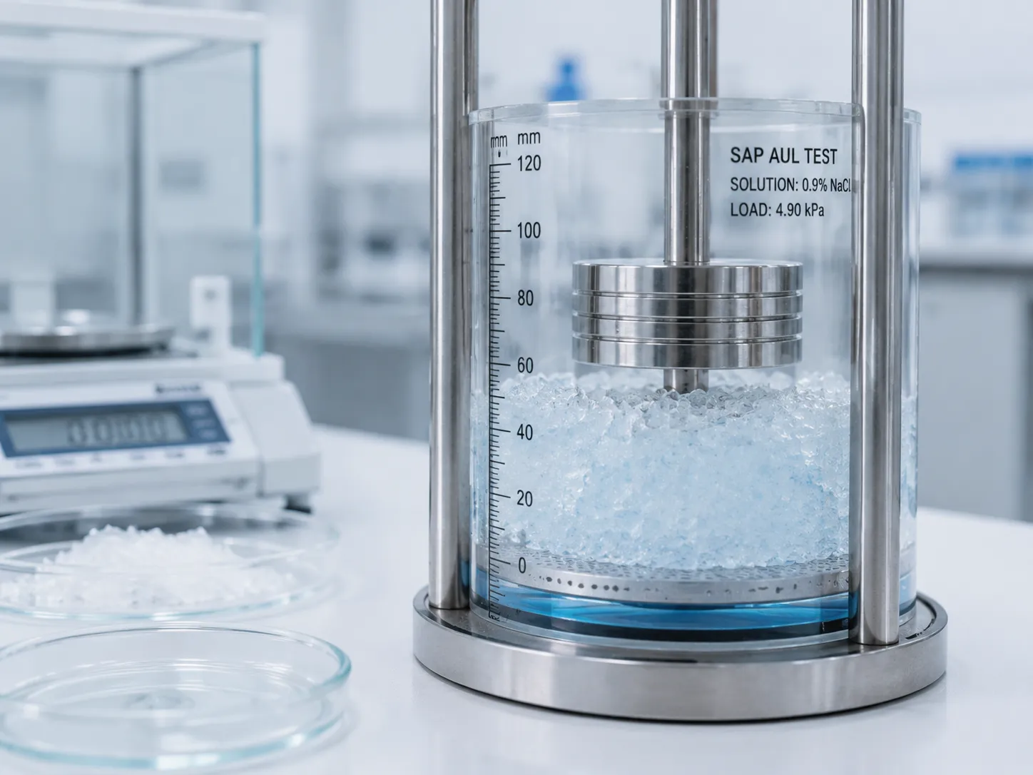 SAP AUL vs CRC testing setup showing absorption under load performance for diaper absorbent core.